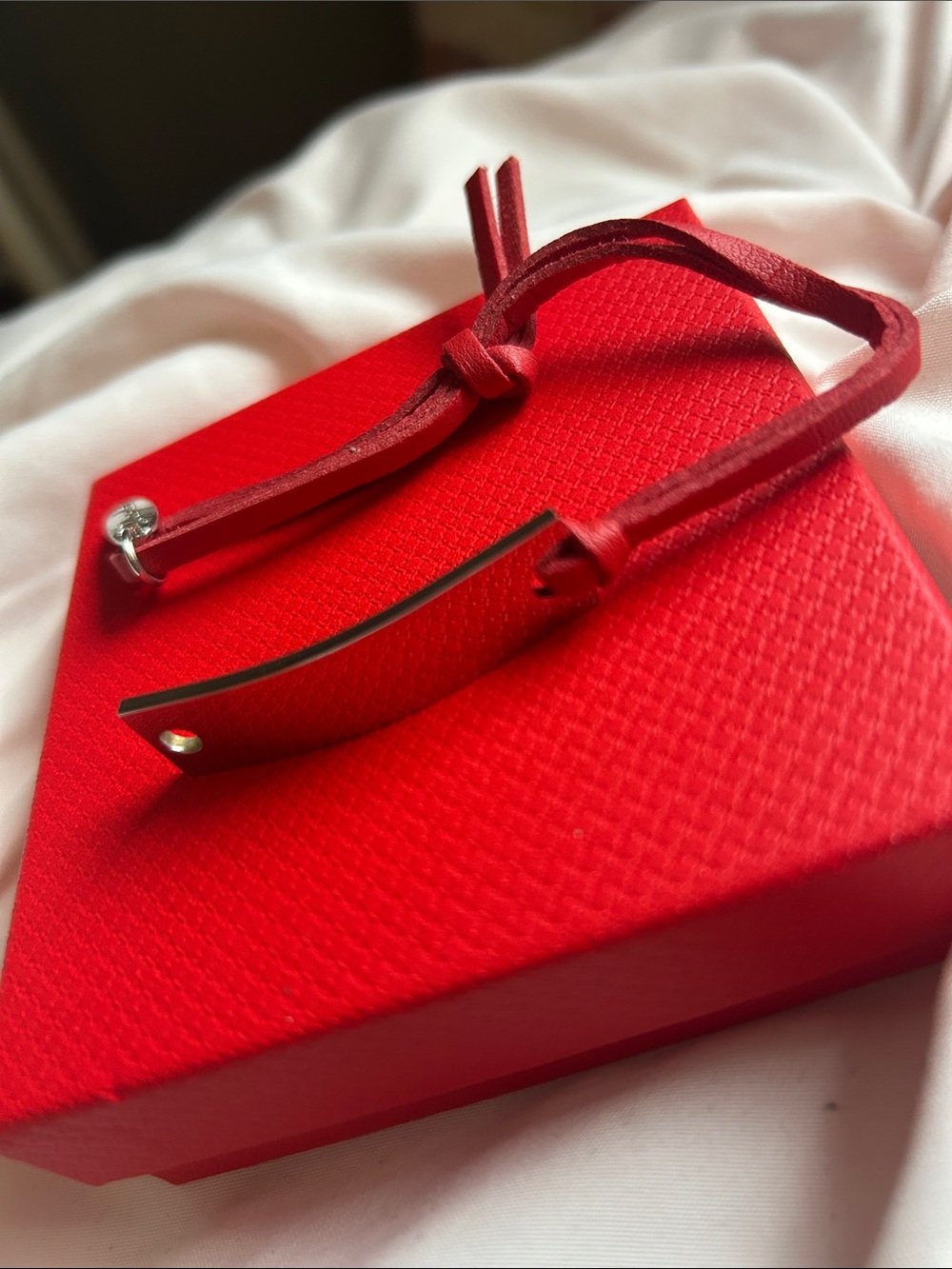 Plunder Red Leather Bracelet with Curved Metal Bar